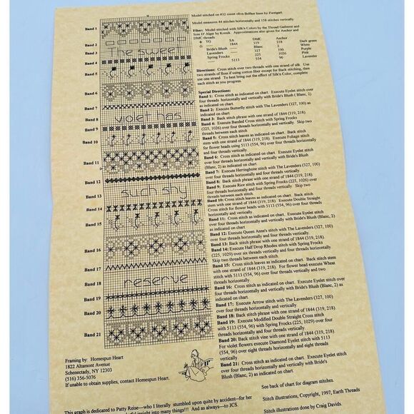 EARTH THREADS Violet and Lace Sampler Cross Stitch Embroidery Pattern - Picture 7 of 8